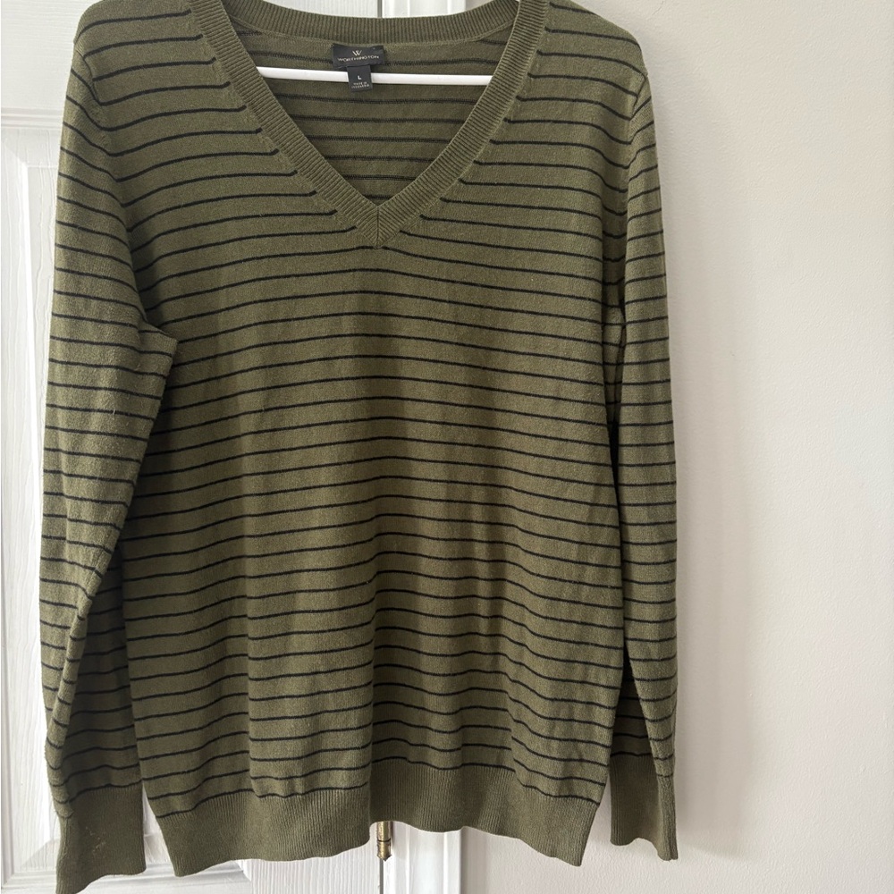 Worthington Women's Olive Striped V-Neck Sweater